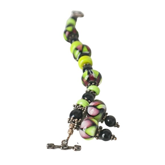 Handmade Lampwork Glass Bead Bracelet Toggle Closure Lime Green Purple - Picture 4 of 6